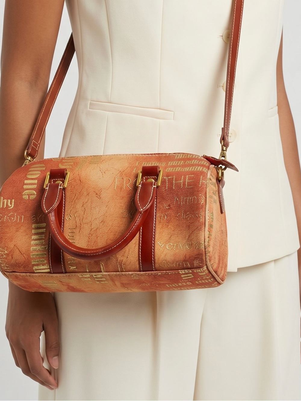 Paul & Co Y2K Canvas Vintage Textured Orange Tones Dome Handbag Gold Accents